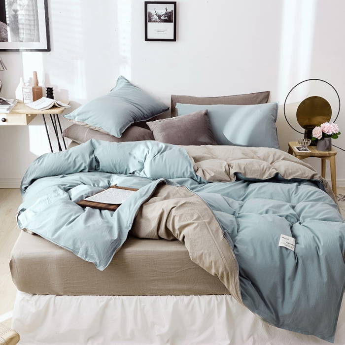 91家纺网 家纺一手货源 找家纺 安莱生活 2021新款全棉水洗棉双拼四件套 雾蓝＋卡其