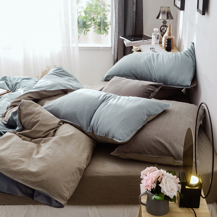 91家纺网 家纺一手货源 找家纺 安莱生活 2021新款全棉水洗棉双拼四件套 雾蓝＋卡其