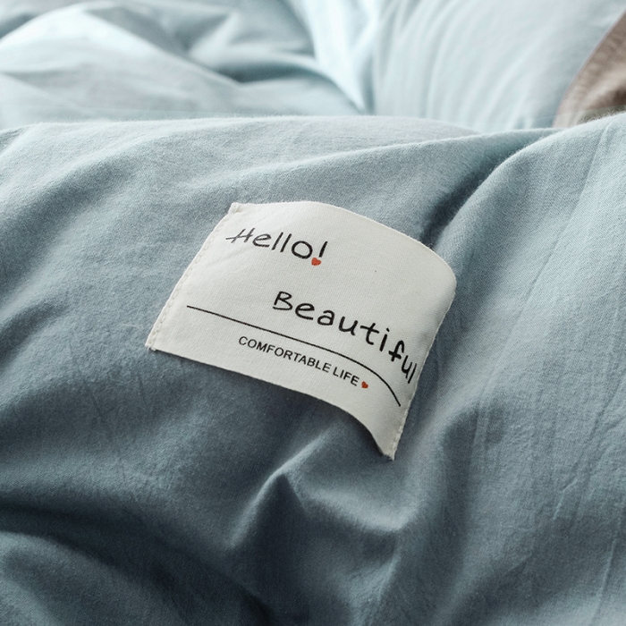 91家纺网 家纺一手货源 找家纺 安莱生活 2021新款全棉水洗棉双拼四件套 雾蓝＋卡其