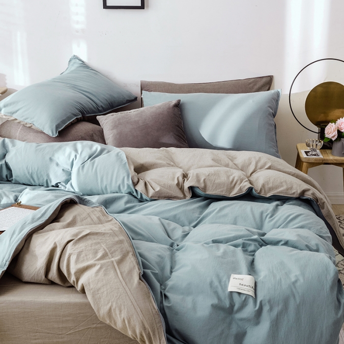 91家纺网 家纺一手货源 找家纺 安莱生活 2021新款全棉水洗棉双拼四件套 雾蓝＋卡其