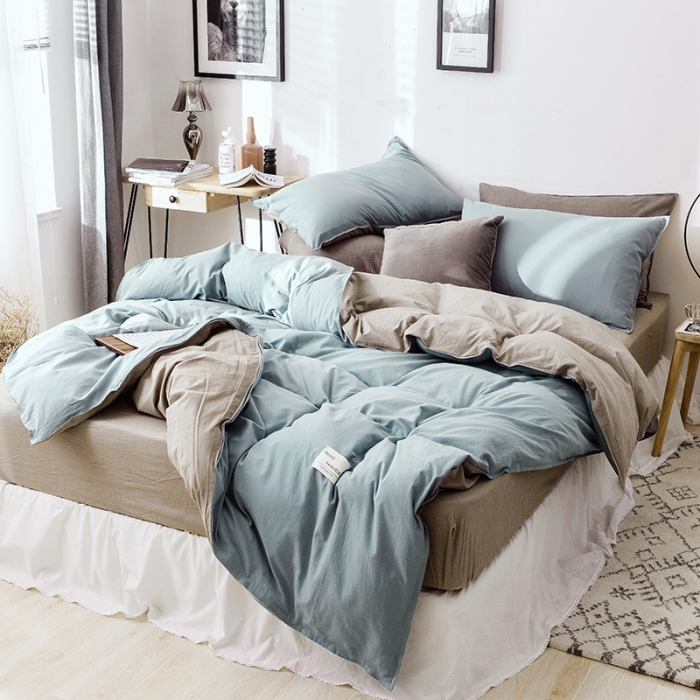 91家纺网 家纺一手货源 找家纺 安莱生活 2021新款全棉水洗棉双拼四件套 雾蓝＋卡其