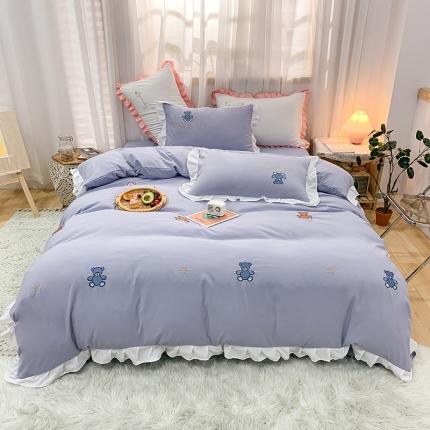 91家纺网 家纺一手货源 找家纺 麦朵 2021新款小清新全棉刺绣花边款四件套 可爱熊-紫