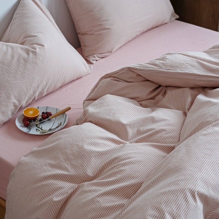 91家纺网 家纺一手货源 找家纺 安莱生活 2021新款全棉水洗棉小小格系列四件套 粉色微小格