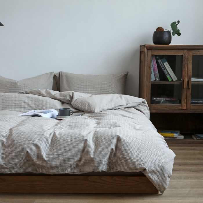 91家纺网 家纺一手货源 找家纺 安莱生活 2021新款全棉水洗棉小小格系列四件套 卡其微小格