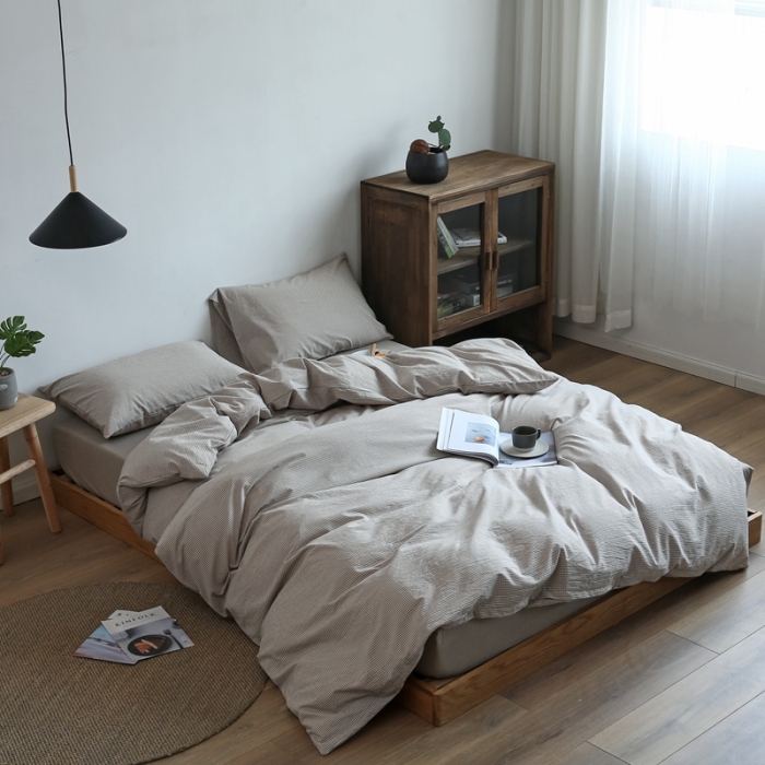 91家纺网 家纺一手货源 找家纺 安莱生活 2021新款全棉水洗棉小小格系列四件套 卡其微小格