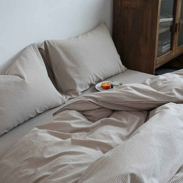 91家纺网 家纺一手货源 找家纺 安莱生活 2021新款全棉水洗棉小小格系列四件套 卡其微小格