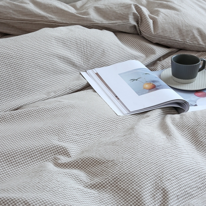 91家纺网 家纺一手货源 找家纺 安莱生活 2021新款全棉水洗棉小小格系列四件套 卡其微小格