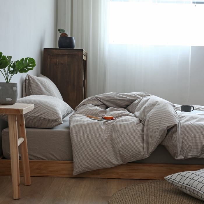 91家纺网 家纺一手货源 找家纺 安莱生活 2021新款全棉水洗棉小小格系列四件套 卡其微小格