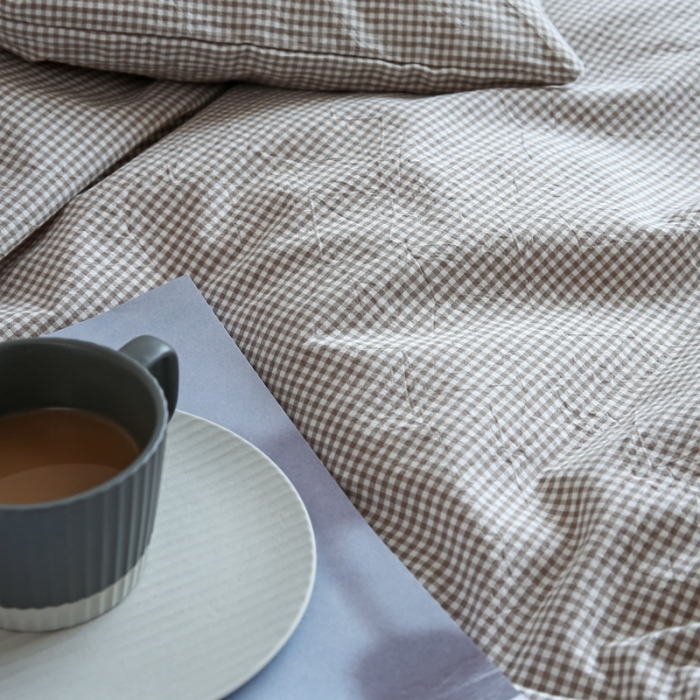 91家纺网 家纺一手货源 找家纺 安莱生活 2021新款全棉水洗棉小小格系列四件套 卡其微小格