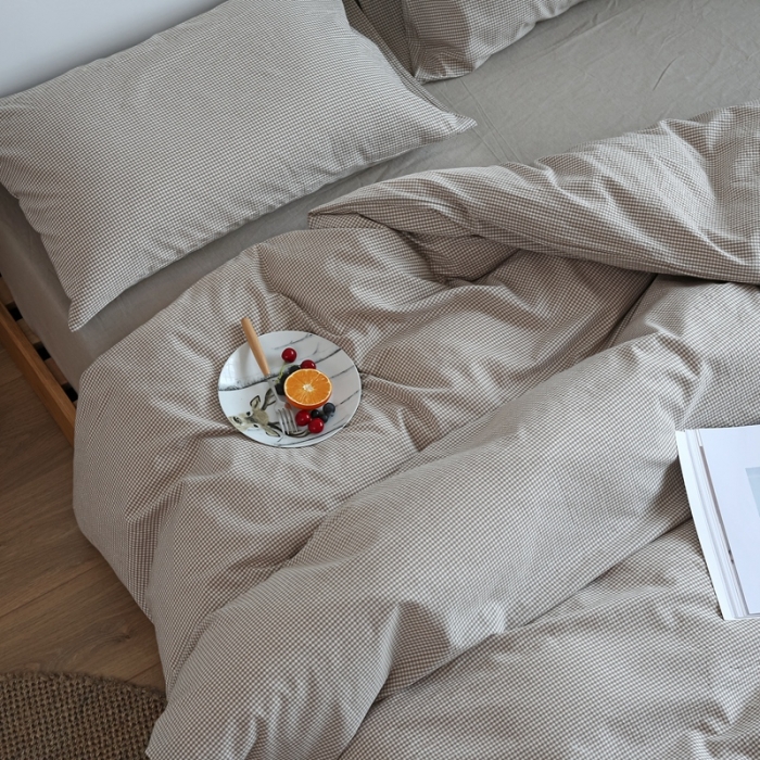 91家纺网 家纺一手货源 找家纺 安莱生活 2021新款全棉水洗棉小小格系列四件套 卡其微小格