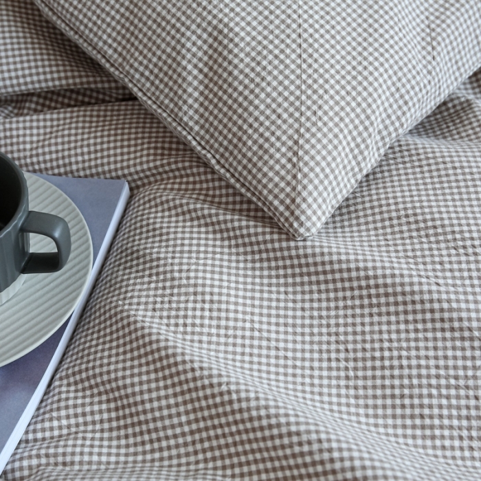 91家纺网 家纺一手货源 找家纺 安莱生活 2021新款全棉水洗棉小小格系列四件套 卡其微小格