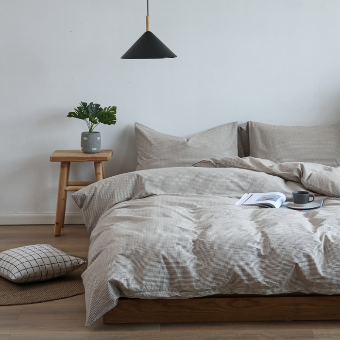 91家纺网 家纺一手货源 找家纺 安莱生活 2021新款全棉水洗棉小小格系列四件套 卡其微小格