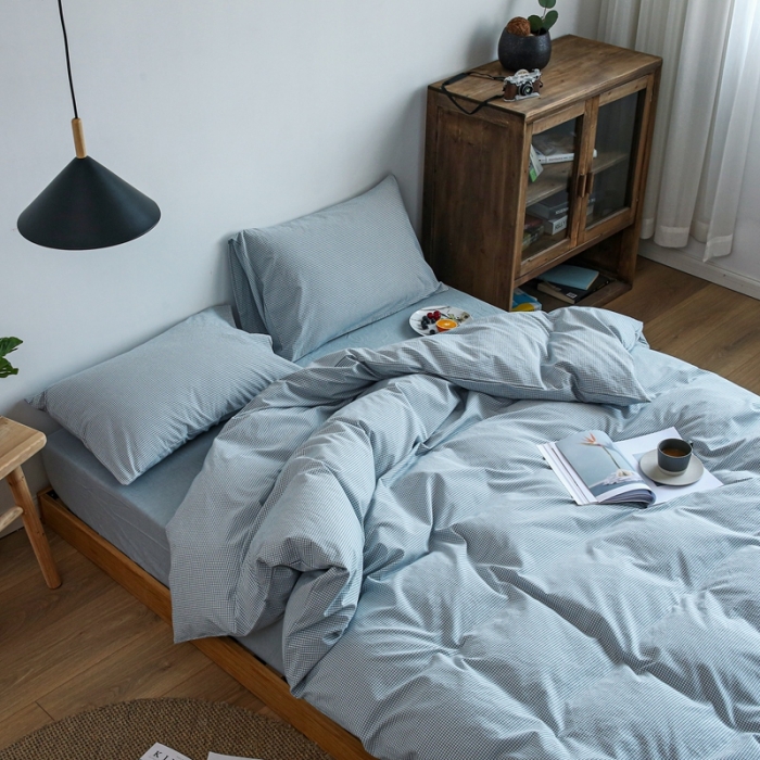 91家纺网 家纺一手货源 找家纺 安莱生活 2021新款全棉水洗棉小小格系列四件套 浅蓝微小格