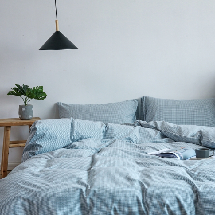 91家纺网 家纺一手货源 找家纺 安莱生活 2021新款全棉水洗棉小小格系列四件套 浅蓝微小格