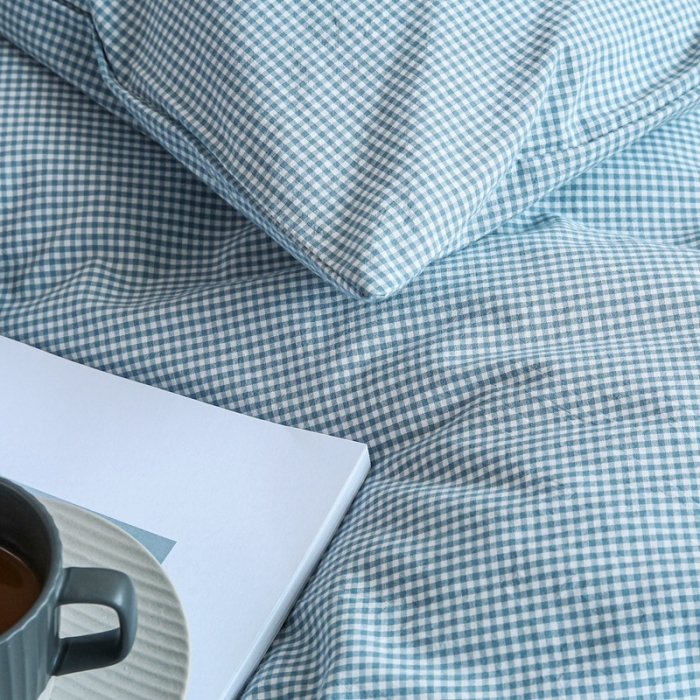 91家纺网 家纺一手货源 找家纺 安莱生活 2021新款全棉水洗棉小小格系列四件套 浅蓝微小格