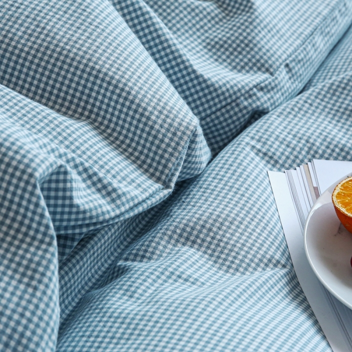 91家纺网 家纺一手货源 找家纺 安莱生活 2021新款全棉水洗棉小小格系列四件套 浅蓝微小格