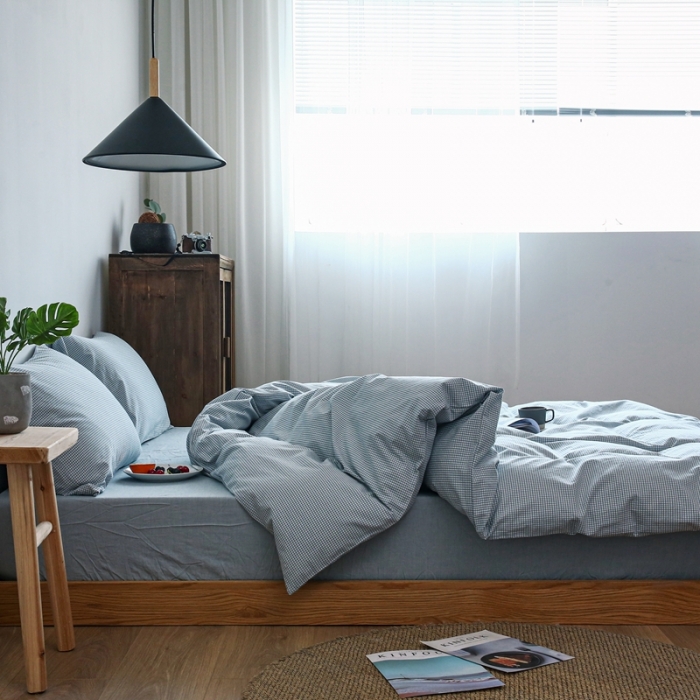 91家纺网 家纺一手货源 找家纺 安莱生活 2021新款全棉水洗棉小小格系列四件套 浅蓝微小格