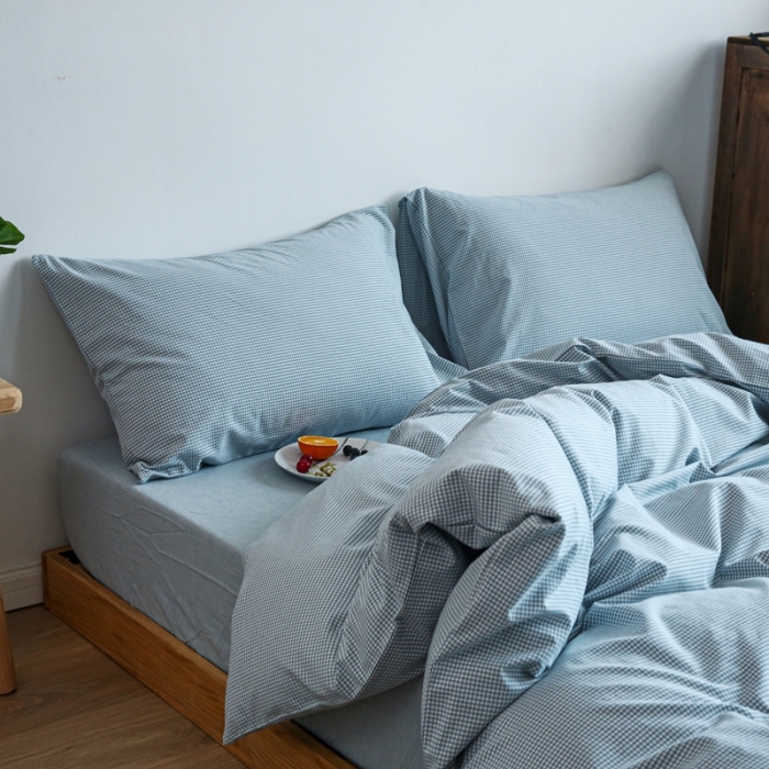 91家纺网 家纺一手货源 找家纺 安莱生活 2021新款全棉水洗棉小小格系列四件套 浅蓝微小格