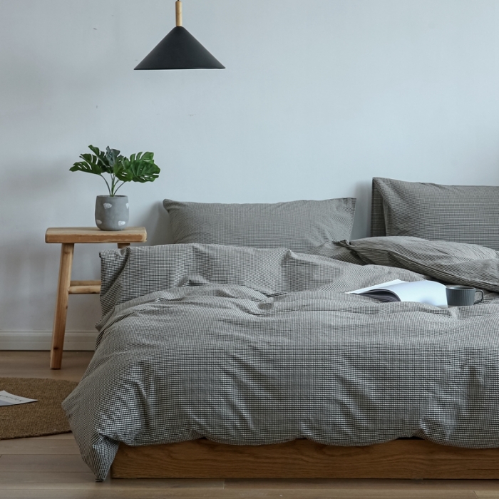 91家纺网 家纺一手货源 找家纺 安莱生活 2021新款全棉水洗棉小小格系列四件套 深灰微小格