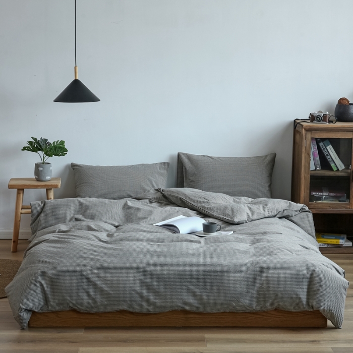 91家纺网 家纺一手货源 找家纺 安莱生活 2021新款全棉水洗棉小小格系列四件套 深灰微小格