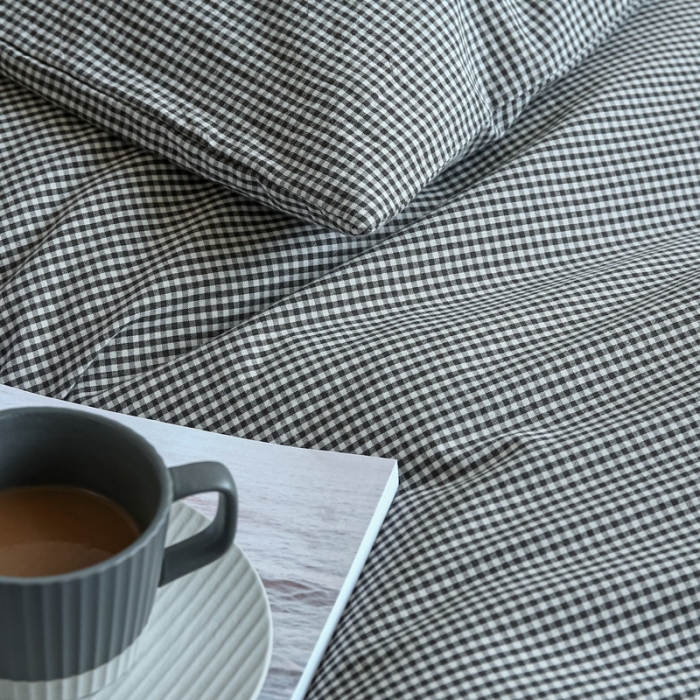 91家纺网 家纺一手货源 找家纺 安莱生活 2021新款全棉水洗棉小小格系列四件套 深灰微小格