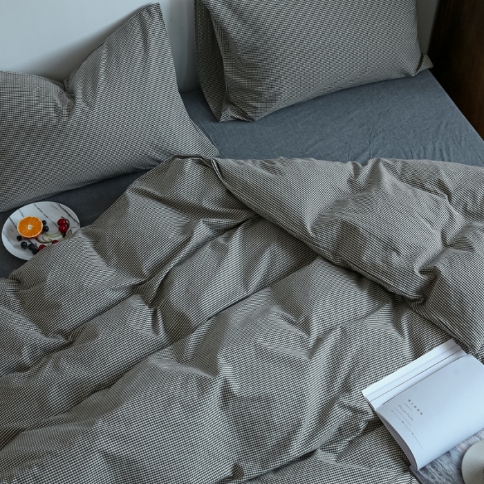 91家纺网 家纺一手货源 找家纺 安莱生活 2021新款全棉水洗棉小小格系列四件套 深灰微小格