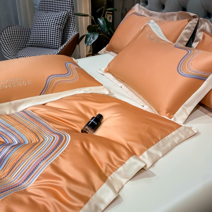 91家纺网 家纺一手货源 找家纺 宅家居 2021新款米莱系列臻品水洗真丝四件套 爱玛橙