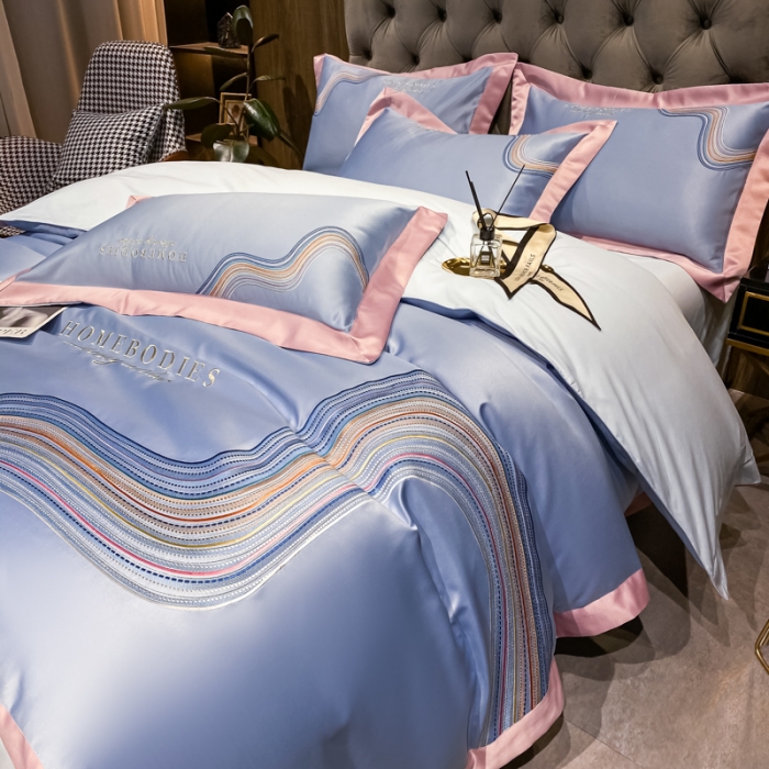 91家纺网 家纺一手货源 找家纺 宅家居 2021新款米莱系列臻品水洗真丝四件套 浅海蓝