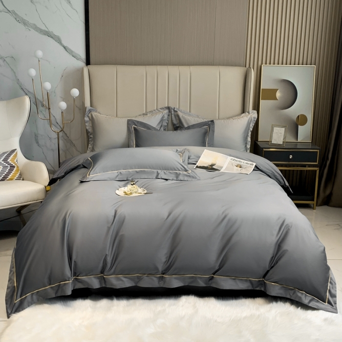 91家纺网 家纺一手货源 找家纺 榻尚家居2021新款长绒棉简约轻奢四件套 魅-深灰