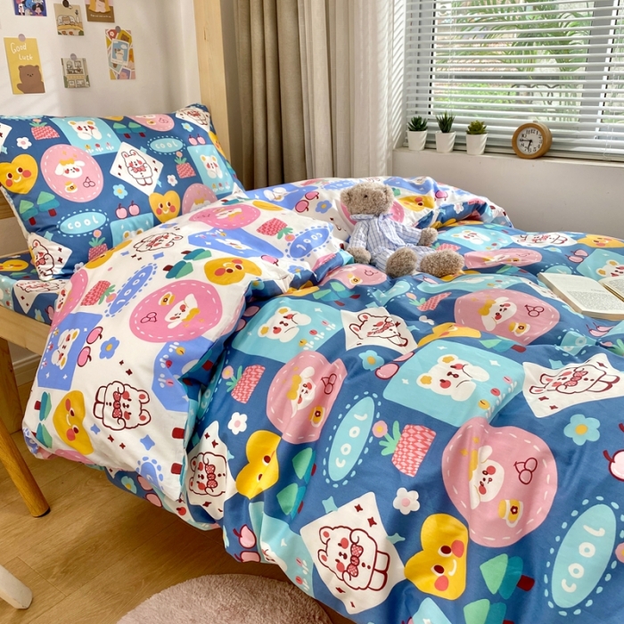 91家纺网 家纺一手货源 找家纺 金丝鸟 2021新款全棉活性13372学生三件套蓝色小可爱