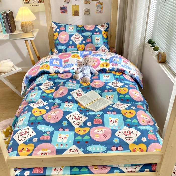 91家纺网 家纺一手货源 找家纺 金丝鸟 2021新款全棉活性13372学生三件套蓝色小可爱