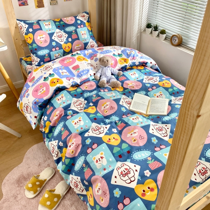 91家纺网 家纺一手货源 找家纺 金丝鸟 2021新款全棉活性13372学生三件套蓝色小可爱