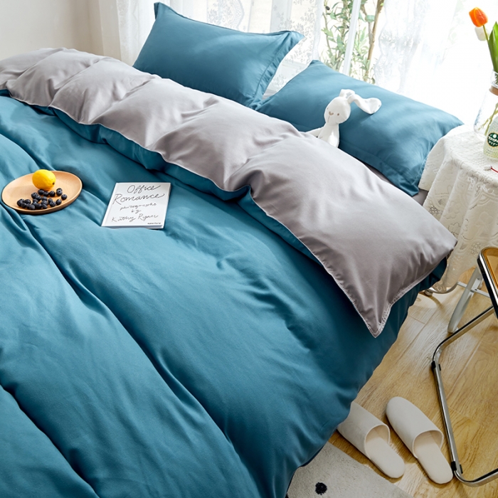 91家纺网 家纺一手货源 找家纺 贝拉梦 2021新款纯色拼色美棉系列四件套 宝蓝浅灰