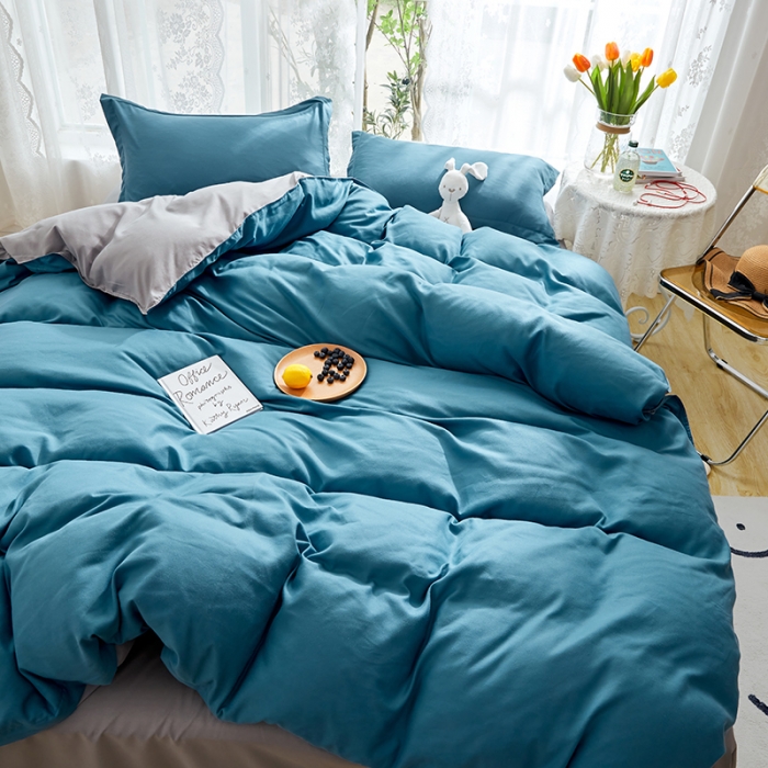 91家纺网 家纺一手货源 找家纺 贝拉梦 2021新款纯色拼色美棉系列四件套 宝蓝浅灰