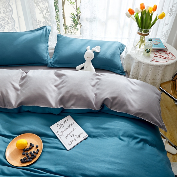 91家纺网 家纺一手货源 找家纺 贝拉梦 2021新款纯色拼色美棉系列四件套 宝蓝浅灰