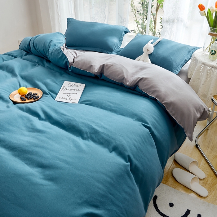 91家纺网 家纺一手货源 找家纺 贝拉梦 2021新款纯色拼色美棉系列四件套 宝蓝浅灰