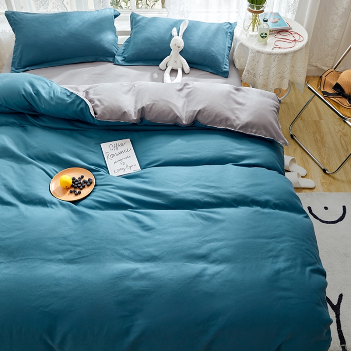 91家纺网 家纺一手货源 找家纺 贝拉梦 2021新款纯色拼色美棉系列四件套 宝蓝浅灰