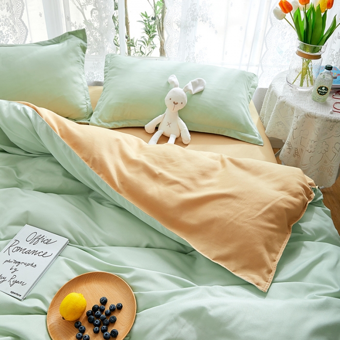 91家纺网 家纺一手货源 找家纺 贝拉梦 2021新款纯色拼色美棉系列四件套 豆绿米驼