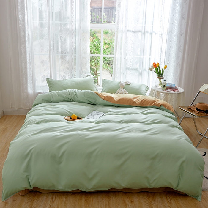 91家纺网 家纺一手货源 找家纺 贝拉梦 2021新款纯色拼色美棉系列四件套 豆绿米驼