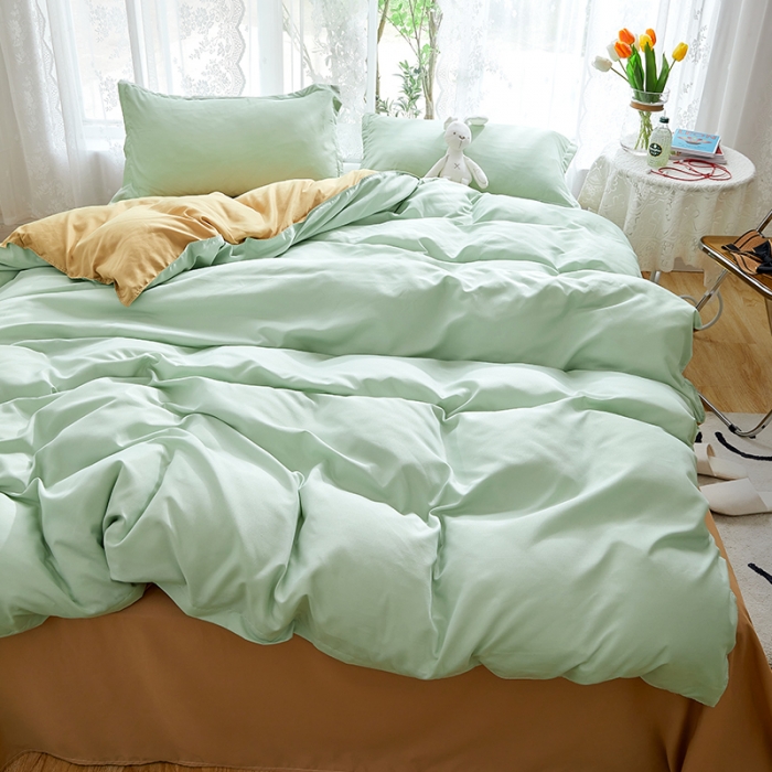 91家纺网 家纺一手货源 找家纺 贝拉梦 2021新款纯色拼色美棉系列四件套 豆绿米驼