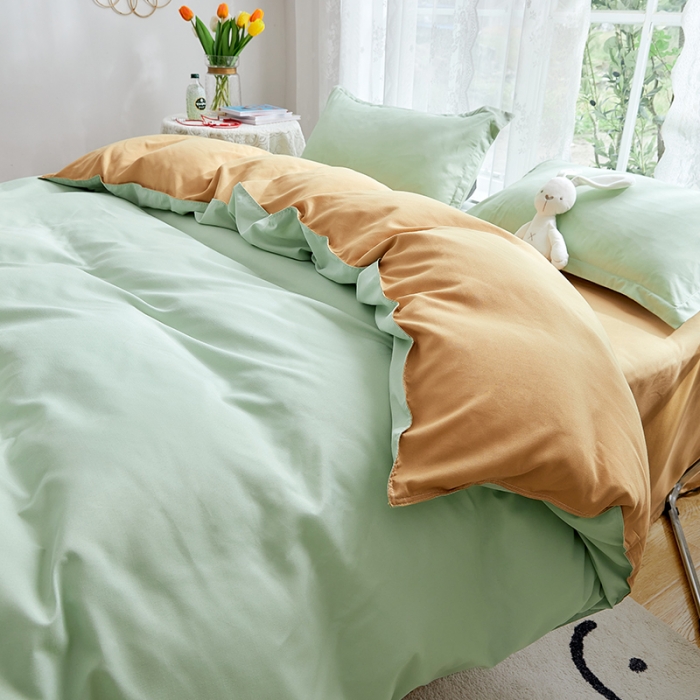 91家纺网 家纺一手货源 找家纺 贝拉梦 2021新款纯色拼色美棉系列四件套 豆绿米驼