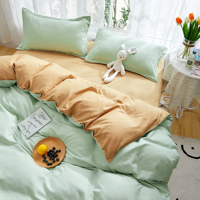 91家纺网 家纺一手货源 找家纺 贝拉梦 2021新款纯色拼色美棉系列四件套 豆绿米驼