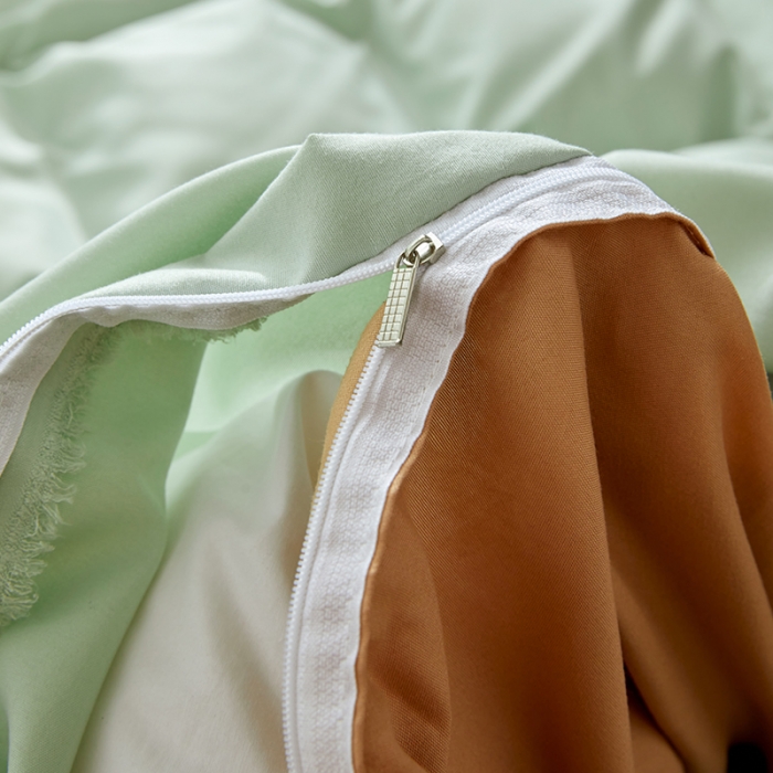 91家纺网 家纺一手货源 找家纺 贝拉梦 2021新款纯色拼色美棉系列四件套 豆绿米驼