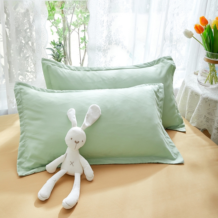 91家纺网 家纺一手货源 找家纺 贝拉梦 2021新款纯色拼色美棉系列四件套 豆绿米驼