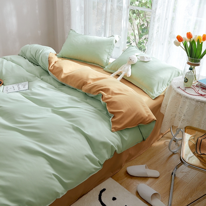 91家纺网 家纺一手货源 找家纺 贝拉梦 2021新款纯色拼色美棉系列四件套 豆绿米驼