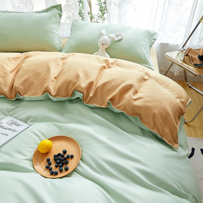 91家纺网 家纺一手货源 找家纺 贝拉梦 2021新款纯色拼色美棉系列四件套 豆绿深灰