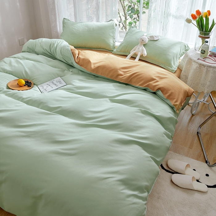 91家纺网 家纺一手货源 找家纺 贝拉梦 2021新款纯色拼色美棉系列四件套 豆绿深灰