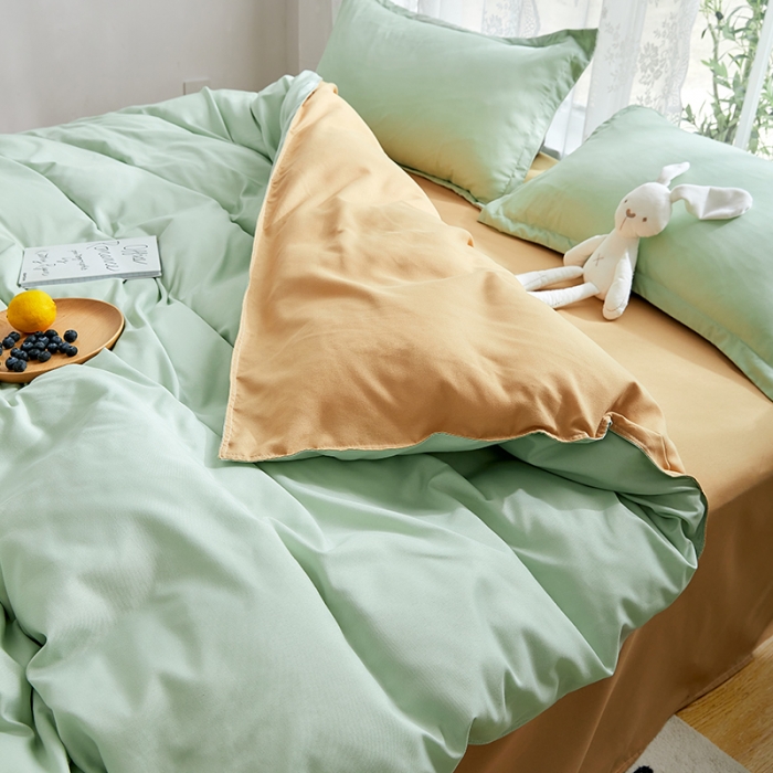 91家纺网 家纺一手货源 找家纺 贝拉梦 2021新款纯色拼色美棉系列四件套 豆绿深灰