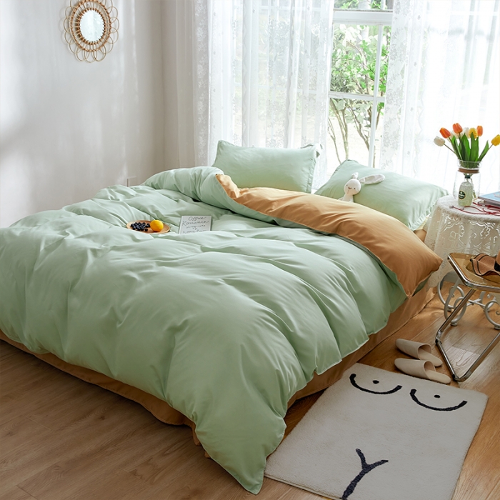 91家纺网 家纺一手货源 找家纺 贝拉梦 2021新款纯色拼色美棉系列四件套 豆绿深灰