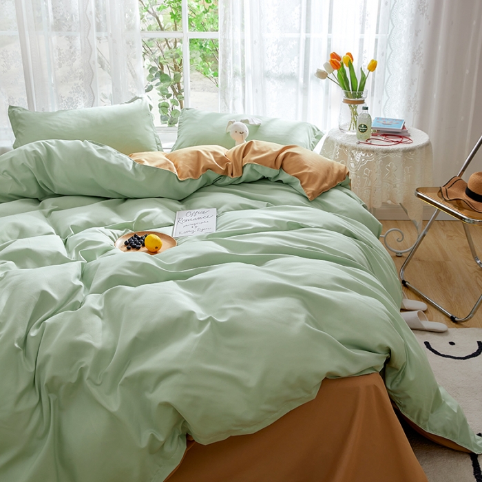91家纺网 家纺一手货源 找家纺 贝拉梦 2021新款纯色拼色美棉系列四件套 豆绿深灰